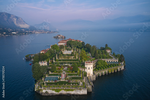 Lake Maggiore, island, Isola Bella, Italy. Isola Bella and Stresa town aerial panoramic view. Isola Bella is one of the Borromean Islands of Lake Maggiore in north Italy. photo
