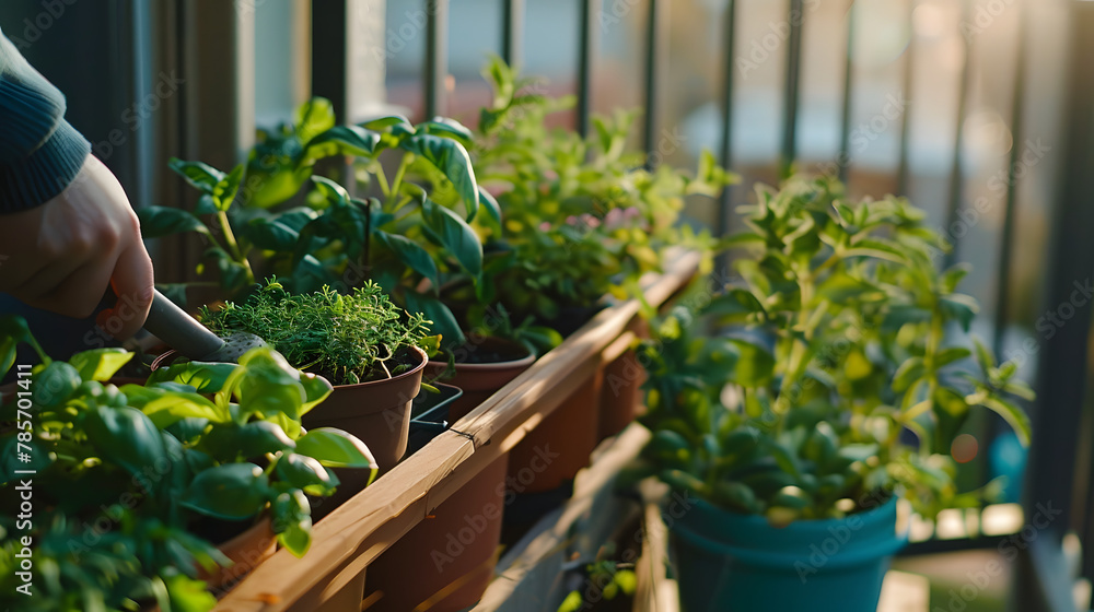 A morning routine on a balcony herb garden with a person watering and tending to herbs like basil and cilantro enjoying the quiet of dawn. A morning routine on a balcony herb garden with a person watering and tending to herbs like basil and cilantro enjoying the quiet of dawn.