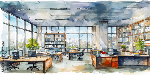 for advertisement and banner as Innovation Hub A watercolor vision of an office buzzing with innovative ideas. in watercolor office room theme-AI generated image 