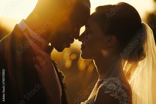 Intimate view of a groom's whispered promise to his bride, from varying ethnicities, against a backdrop of sunlight, symbolizing the depth of love and devotion found in marriage 01 photo