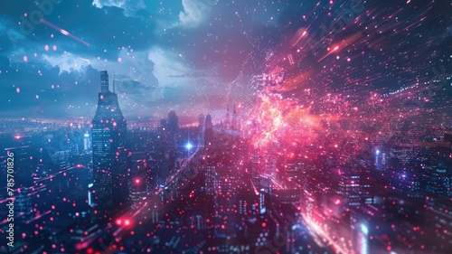 Visualization an AI merging with the particles of another, showcasing its victory and enhanced capabilities, amidst a futuristic cityscape