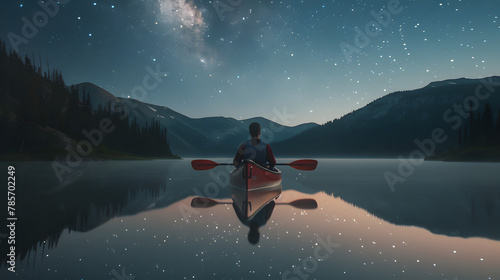 A night kayaker pausing on a still lake to admire the reflection of the Milky Way. photo