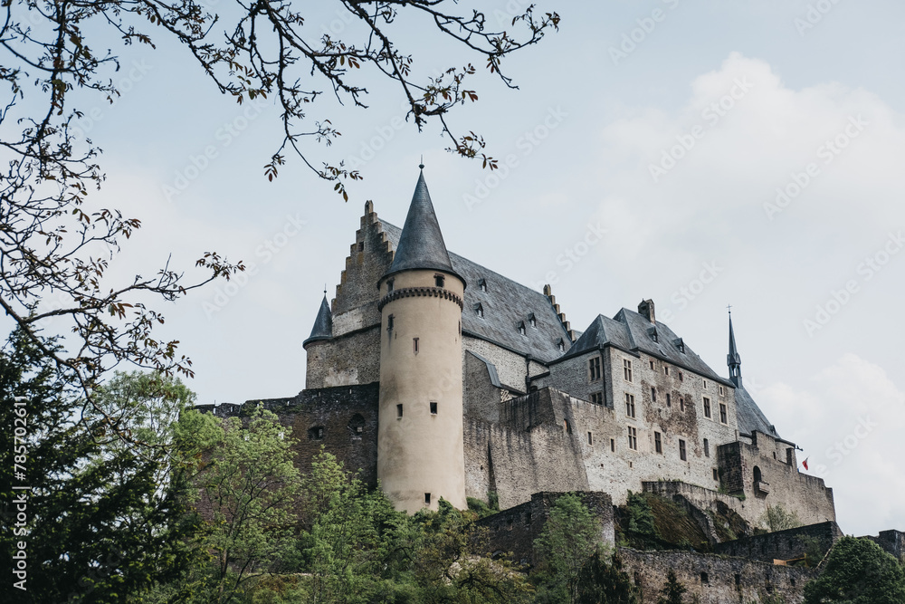 Low angle against the sky view of Vianden Castle, Luxembourg.
