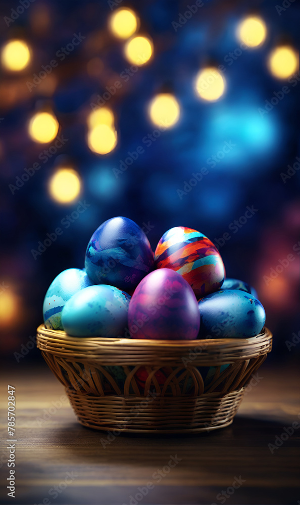 Painted Easter Eggs in a vine basket Painted Easter Eggs in a vine basket
