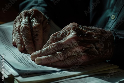 Detailed shot of hands clenching divorce papers, lit harshly, illustrating the finality of the act. The angle accentuates tension and resignation 01