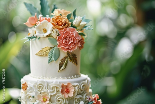 Detailed shot of a single-tier wedding cake featuring vibrant sugar flowers, gold leaf accents, and intricate piping work, set against a backdrop of lush greenery and natural light 02 photo