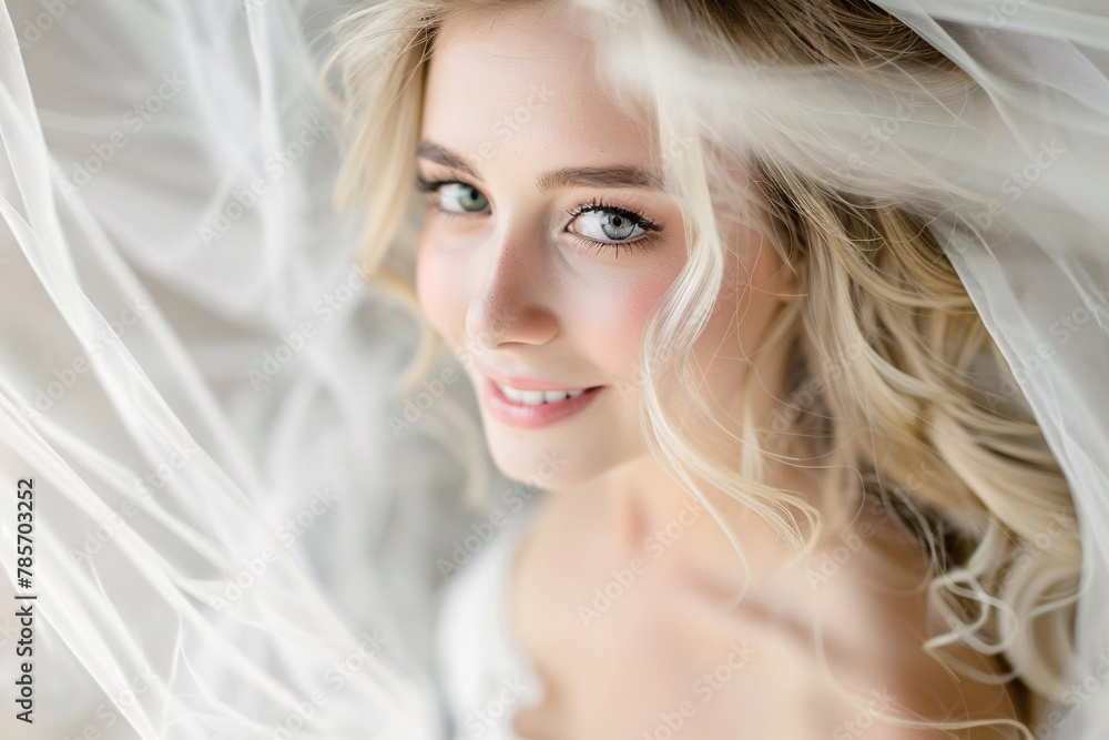 Detailed shot of a blonde bride's blue eyes sparkling with happiness as she twirls in her wedding dress, the layers of tulle and lace swirling around her, capturing the joy of the moment 02