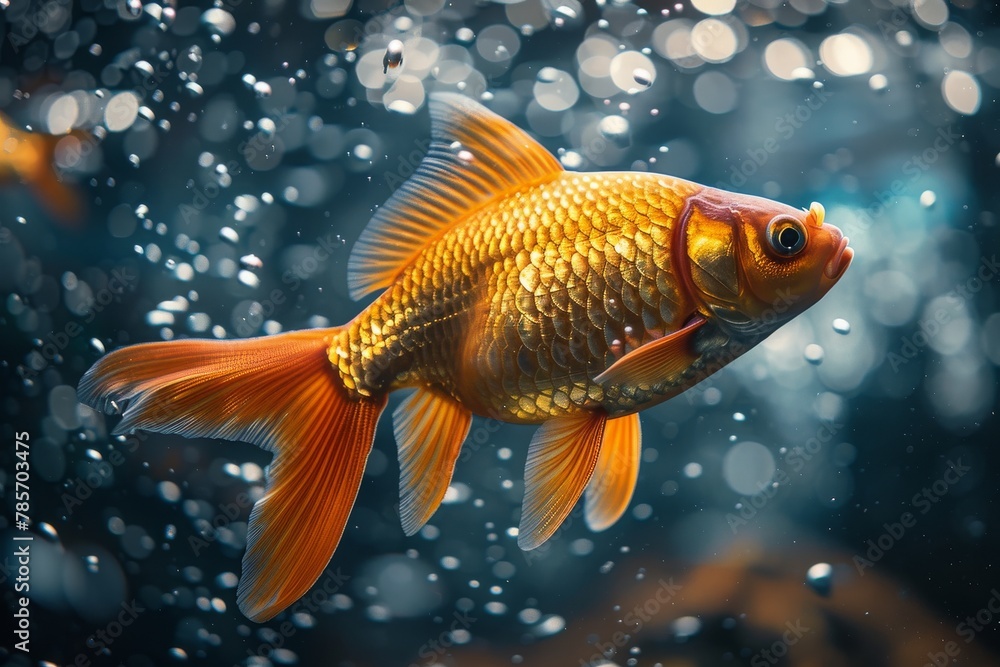 A beautiful goldfish surrounded by a trail of air bubbles, creating an enchanting underwater scene A beautiful goldfish surrounded by a trail of air bubbles, creating an enchanting underwater scene