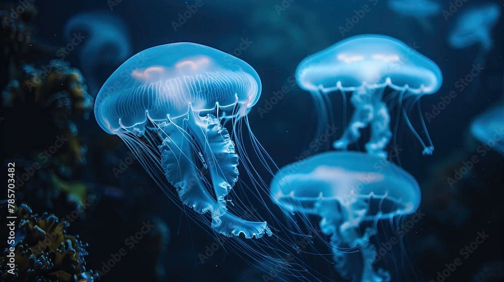Electric blue jellyfish with bioluminescence swimming in azure water Electric blue jellyfish with bioluminescence swimming in azure water