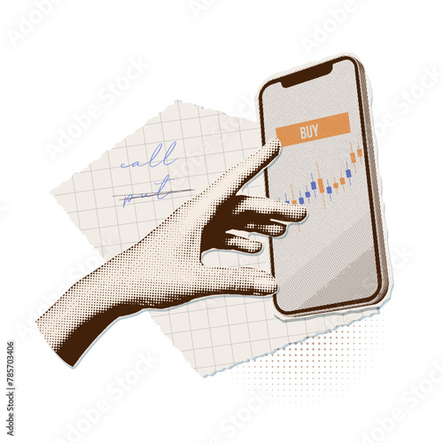 Minimalist collage with halftone hand pushing buy button on smartphone screen. Punk metaphor concept of Finance-themed banner with growing stock money. Cutouts magazines elements. Vector