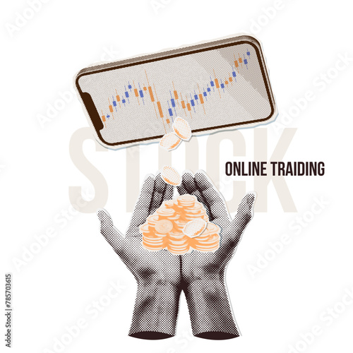 Minimalist collage with hands holding profit cash. Online trading banner. Digital finance business data graph showing technology of investment strategy for perceptive fintech decision. Vector
