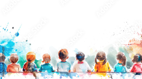 Banner, poster, children's drawing with colored pencils: schoolchildren, students sitting at the table, white background. Learning, children's education concept. © Katerina Bond