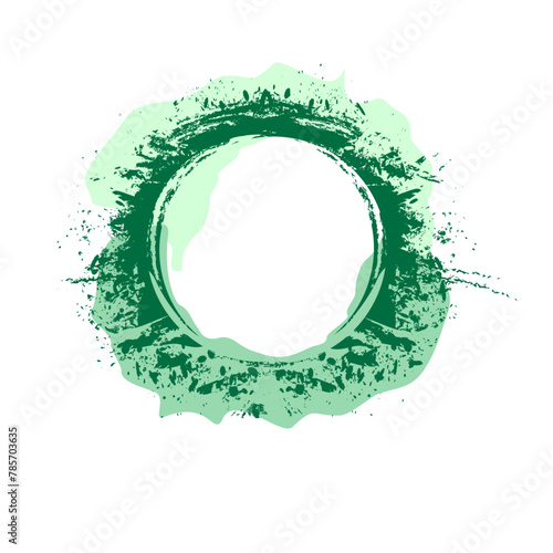Round frame with careless splashes of green paint on a white background. dark green paint splashes to the sides. shabby grunge texture. design element