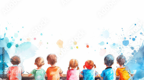 Banner, poster, children's drawing with colored pencils: schoolchildren, students sitting at the table, white background. Learning, children's education concept. © Katerina Bond
