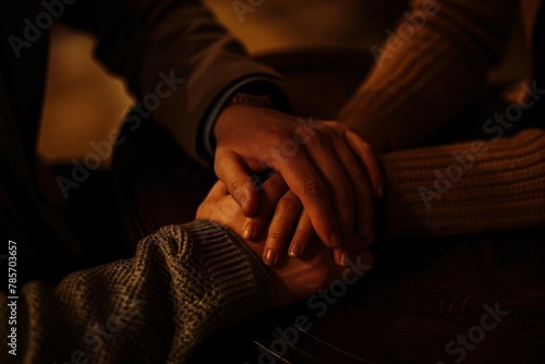 Close-up of a couple s clasped hands during divorce mediation  bathed in warm light  symbolizing their efforts to find closure.