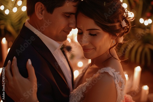 Close-up of a bride and groom's loving embrace, their faces illuminated by soft candlelight, amidst a cozy, intimate setting, radiating warmth and affection 06