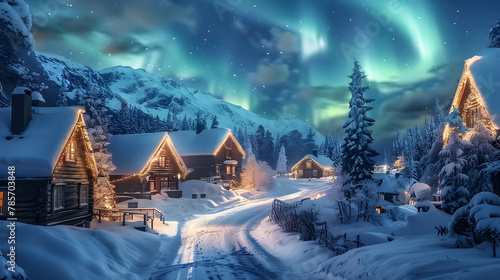 A picturesque Scandinavian village during the winter with cozy cabins covered in snow and the northern lights dancing in the sky above portraying the unique beauty of cold-weather destinations. © Finn