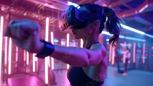 Woman Engaged in Virtual Reality Boxing at Neon-Lit Arena
