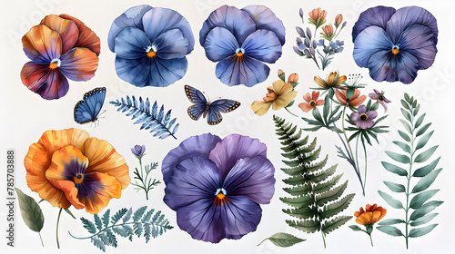 Watercolor set of meadow leaves and flowers, branches. Poppies, viola tricolor flower, fern, butterflies, plants. Summer botany, natural elements. Ethereal field wildflower