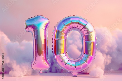 A whimsical helium balloon shaped like the number "10," featuring a holographic sheen that catches the light, set against a backdrop of soft pastel hues