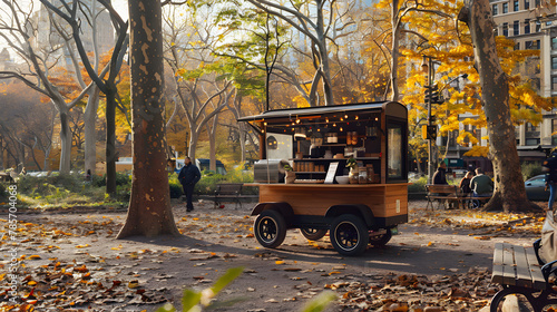 A pop-up coffee spot in urban parks utilizing mobile carts to serve handcrafted beverages and snacks encouraging social interaction in open-air settings. photo