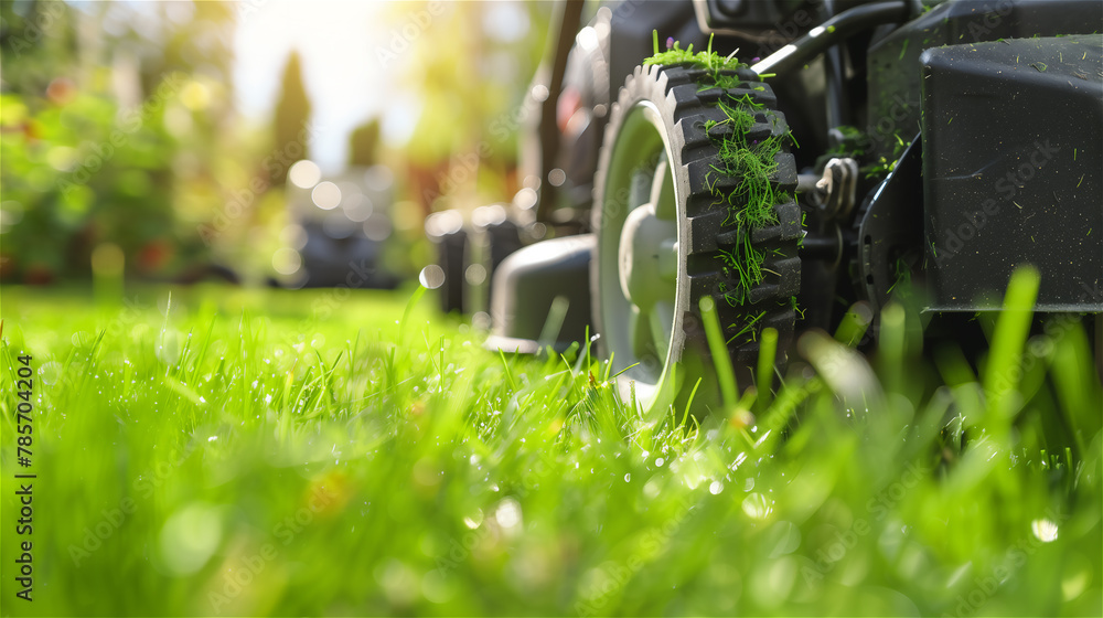 Cutting the lawn using the lawnmower, low perspective view.