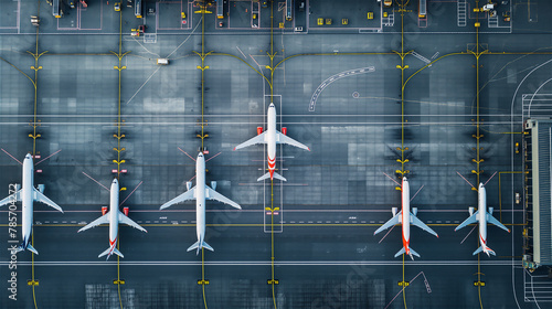 An overhead view of many large passenger planes stuck on the tarmac of a large international airport © cegli
