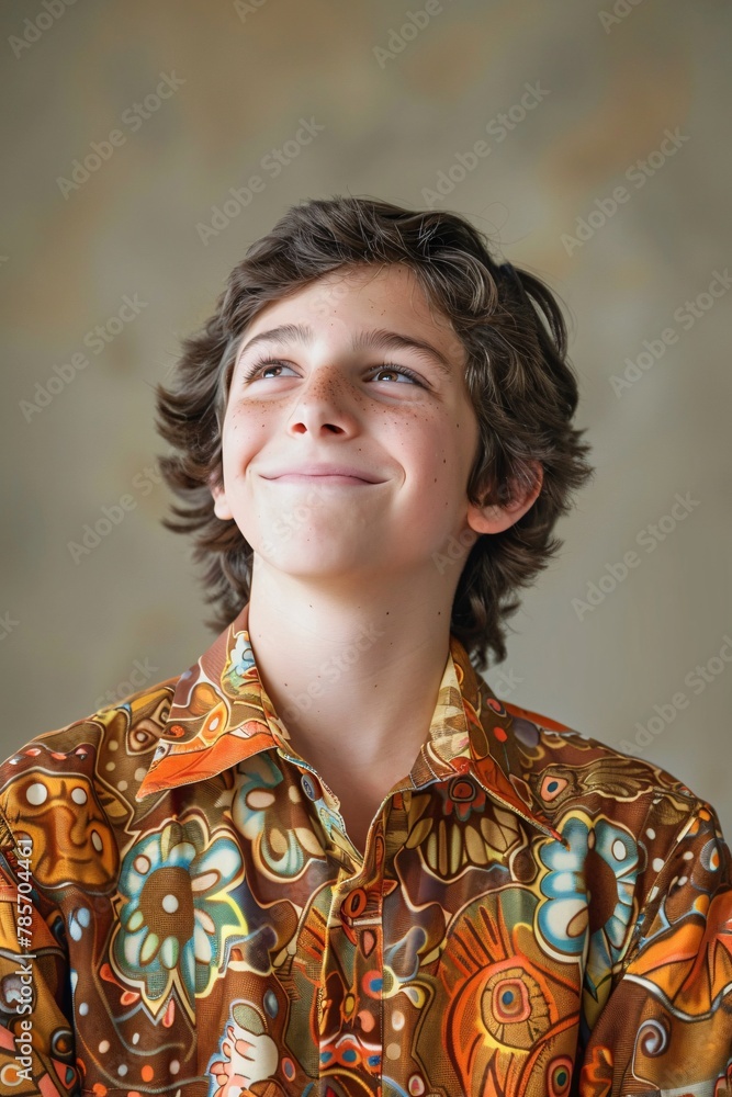 A smiling teenager boy in retro '70s clothing 05
