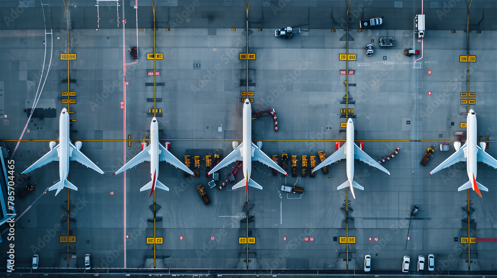 An overhead view of many large passenger planes stuck on the tarmac of a large international airport