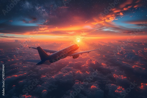 Commencing descent, a commercial airplane navigates through a stunningly vivid sunset sky reflected off clouds, showcasing nature's magnificence and travel freedom