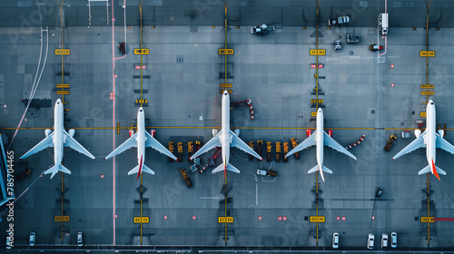 Obraz na płótnie An overhead view of many large passenger planes stuck on the tarmac of a large international airport w salonie