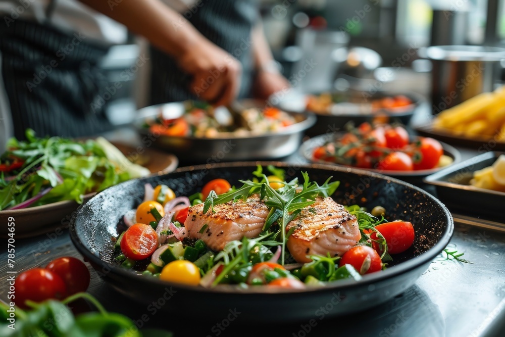 Chef in striped apron meticulously garnishes a plate of salmon with a variety of fresh vegetables and herbs, in a restaurant kitchen setting Chef in striped apron meticulously garnishes a plate of salmon with a variety of fresh vegetables and herbs, in a restaurant kitchen setting
