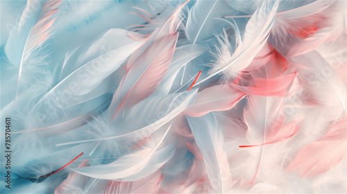 Obraz na płótnie Soft and fluffy colored feathers, pink and blue tones background. w salonie