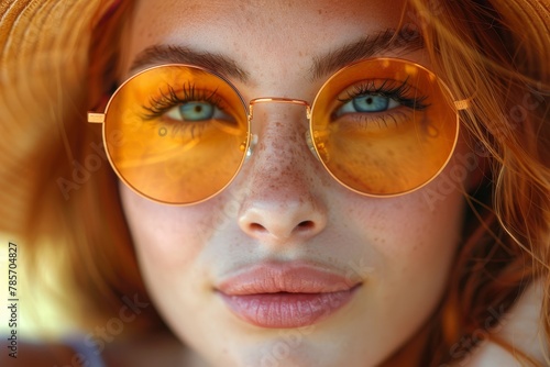 A woman's face with striking eyes, freckles, and orange sunglasses dominating the image