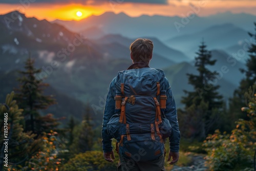 An adventurer with a backpack stands facing a stunning sunset over a forest-covered mountain range