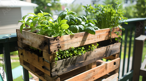 A repurposed wooden pallet serving as a multi-tier herb garden on a balcony growing basil cilantro and parsley demonstrating creative upcycling. photo