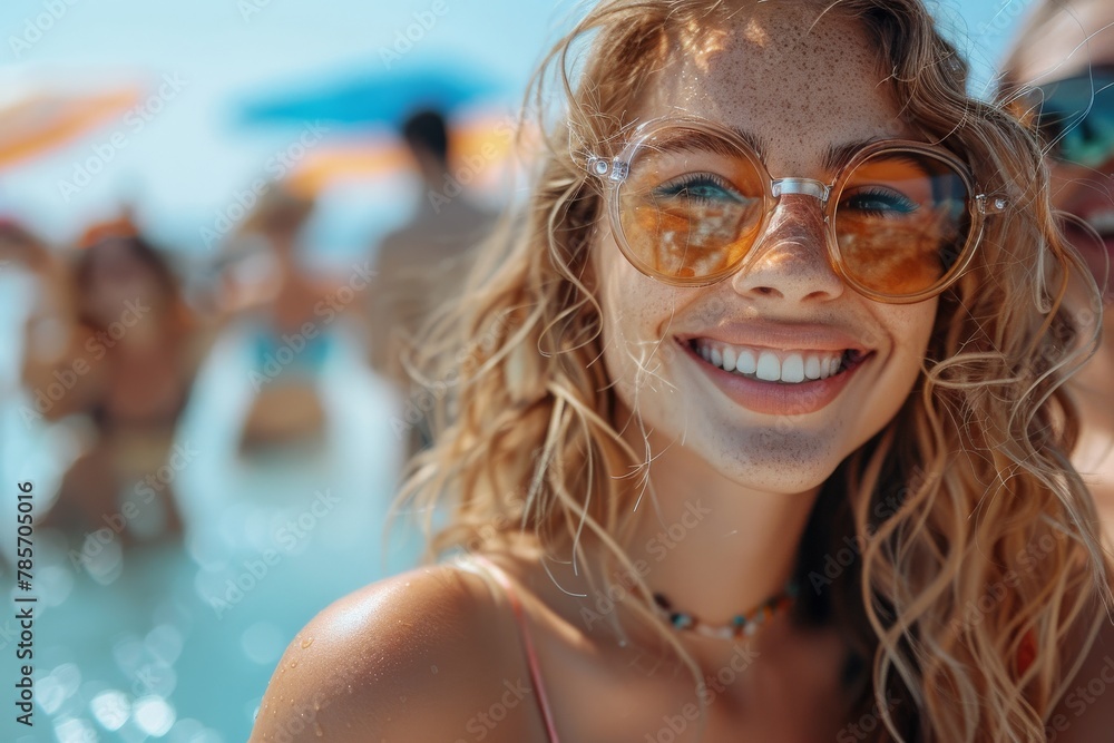 Young woman with a cheerful smile wearing sunglasses, exuding joy and summer vibes at beach