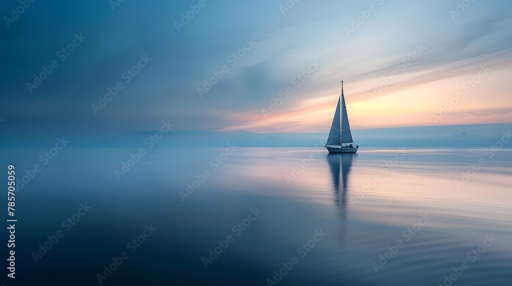 A peaceful sail at dusk with a sailboat gliding over calm waters under a gradient sky.