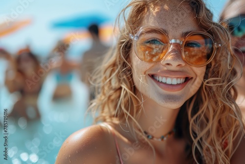 Young woman with a cheerful smile wearing sunglasses, exuding joy and summer vibes at beach © Larisa AI