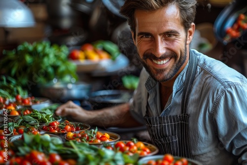Confident chef with a smile surrounded by fresh vegetables, showcasing culinary preparation and health