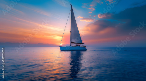 A peaceful sail at dusk with a sailboat gliding over calm waters under a gradient sky.