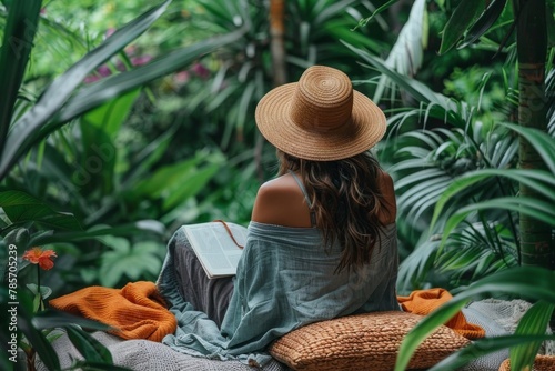A woman in a straw hat reads peacefully among vibrant plants, immersing herself in both a book and nature photo