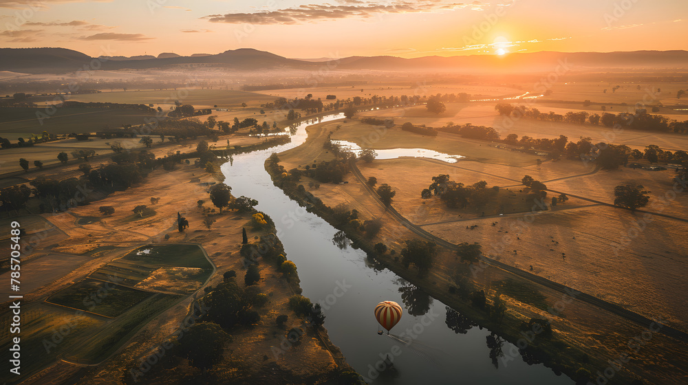 A scenic hot air balloon ride at sunrise over a patchwork of fields and rivers.