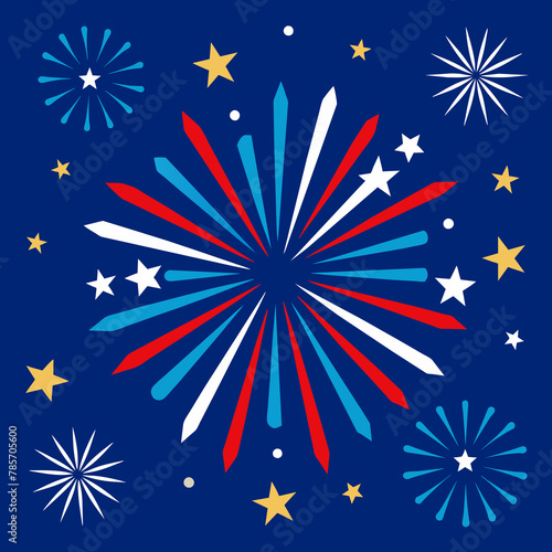 Vibrant fireworks and stars are scattered across a dark blue background