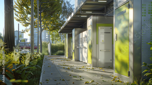 A self-cleaning public restroom facility using nanotechnology coatings and environmentally friendly waste management systems.