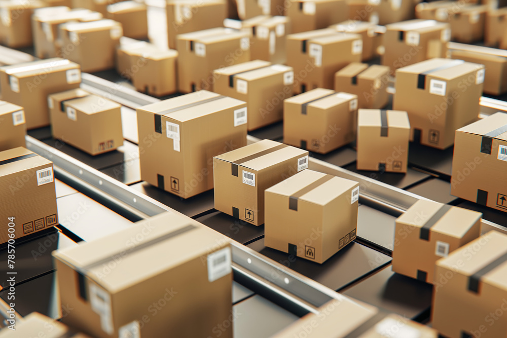 Numerous Cardboard Boxes on Conveyor Belts in Warehouse Numerous Cardboard Boxes on Conveyor Belts in Warehouse