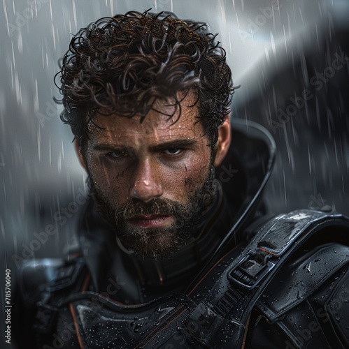 handsome male, dark intense eyes, short brown curly hair, beard stubble, black leather uniform, dark skies, rain,  photo