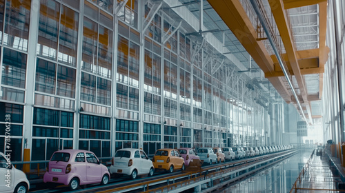 Industrial Car Factory with Assembly Line of Colorful Vehicles