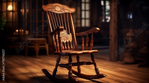A beautifully crafted wooden rocking chair positioned in a quaint rustic setting, its contours and grains captured in lifelike 3D, exuding warmth and nostalgia.
