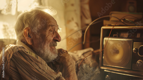 A senior quietly listening to a vintage radio smiling at familiar tunes from youth. photo
